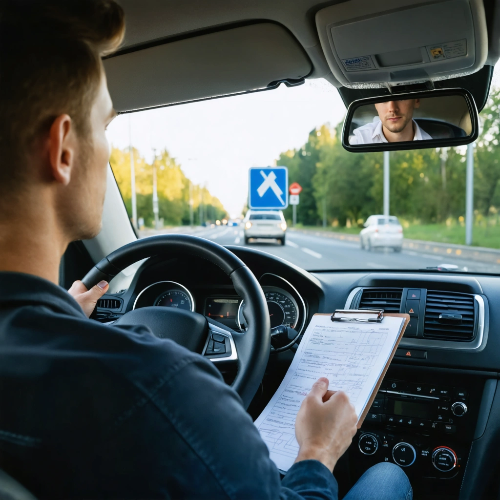 Candidat au permis de conduire en train de passer l’examen pratique avec un inspecteur assis à côté dans une voiture d’auto-école