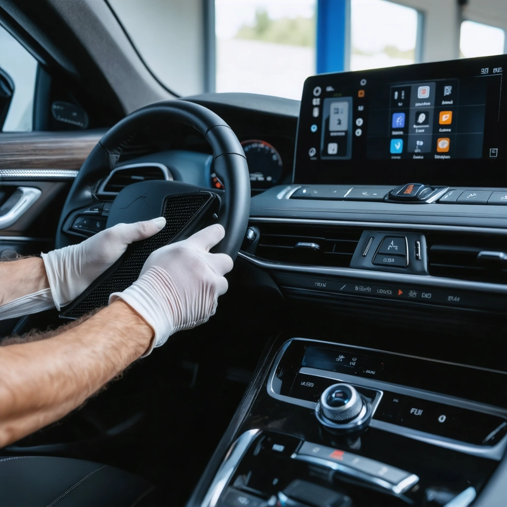 Remplacement d’un filtre d’habitacle sur une voiture récente côté passager, avec un ancien filtre sale à côté d’un filtre neuf