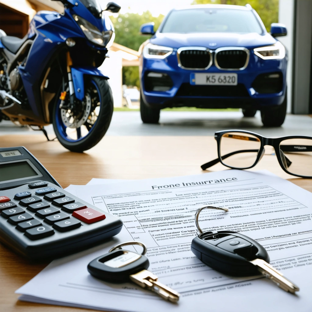 Un conducteur examine un contrat d’assurance auto et moto avec des clauses de franchise mises en évidence, à côté de clés de voiture, de clés de moto et d’une calculatrice.