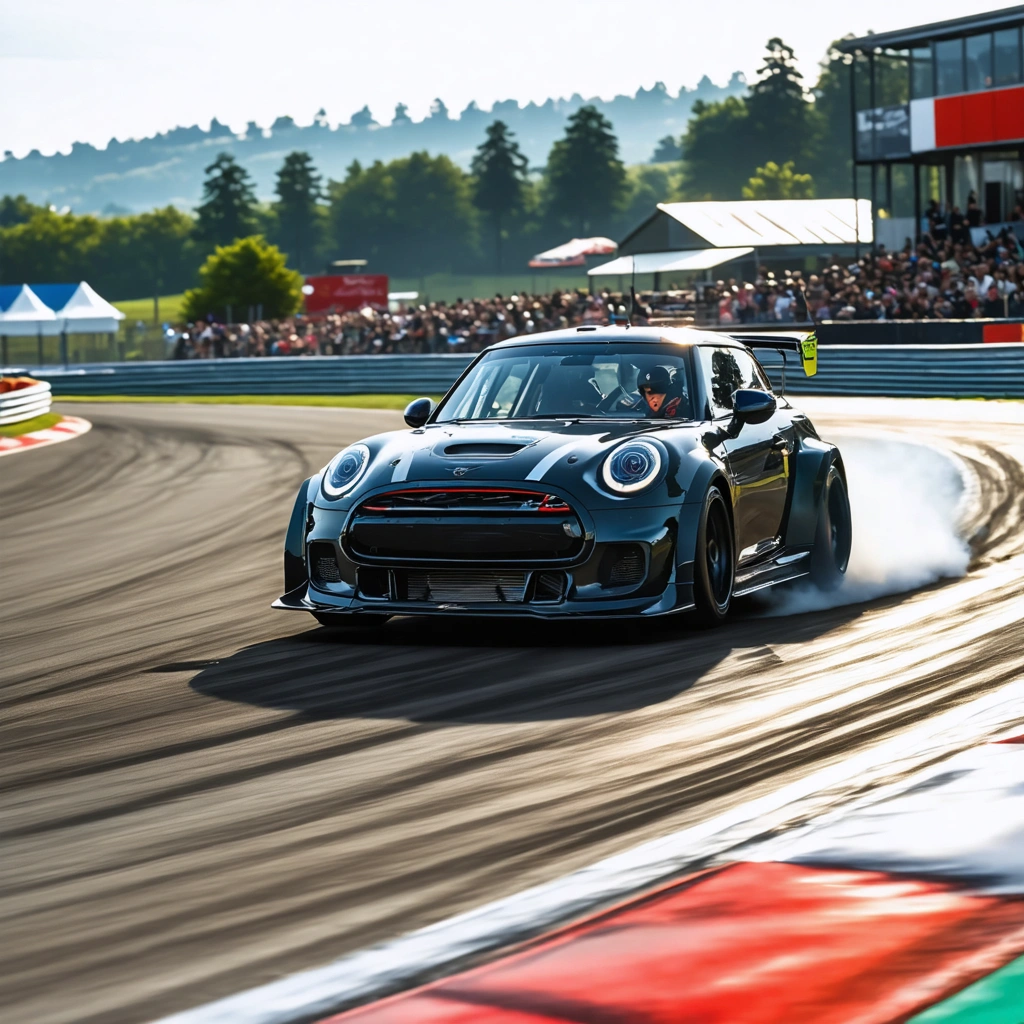 Une voiture sportive freine fort à l’entrée d’un virage sur circuit, avec les disques de frein très chauds et l’avant de l’auto en appui.