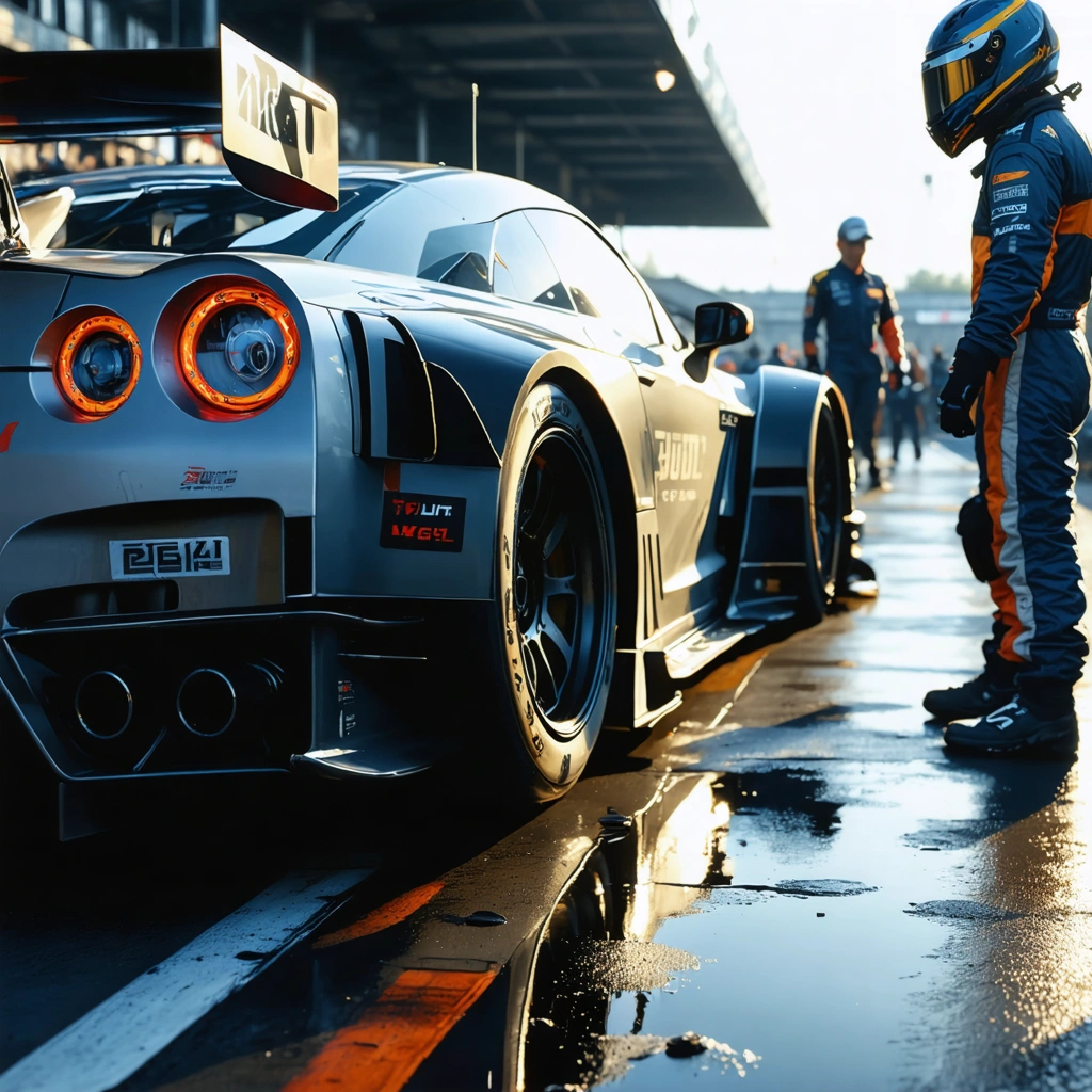 Une voiture de sport à l'arrêt dans un paddock après une session circuit, avec des freins encore chauds qui refroidissent naturellement.