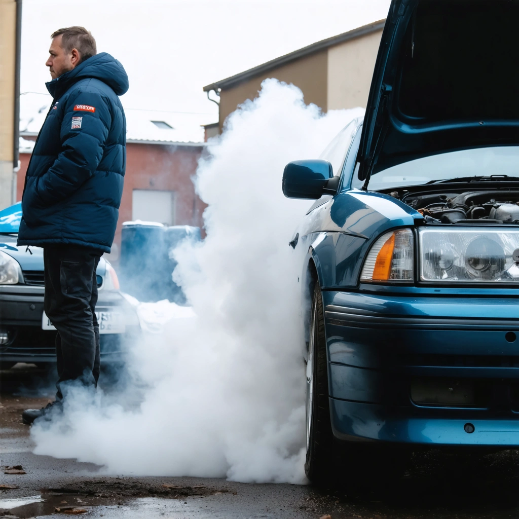 Une voiture dégage une épaisse fumee blanche par le pot d’echappement tandis que le capot est ouvert, illustrant un possible probleme de joint de culasse.