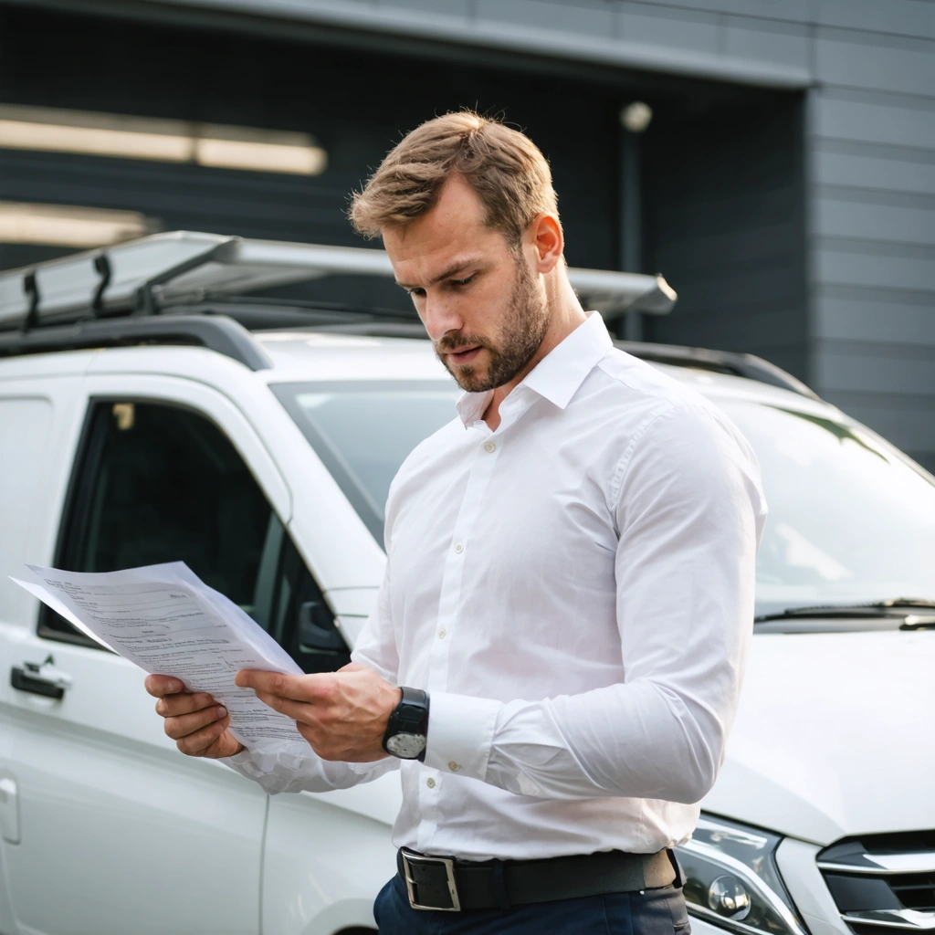Un artisan debout à côté d'un utilitaire blanc récent consulte un document d'assurance sur un parking en zone d'activité.