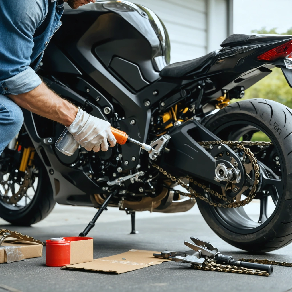 Un homme graisse la chaîne d'une moto posée sur sa béquille latérale, sans béquille d'atelier, avec une bombe de lubrifiant et un chiffon à proximité.