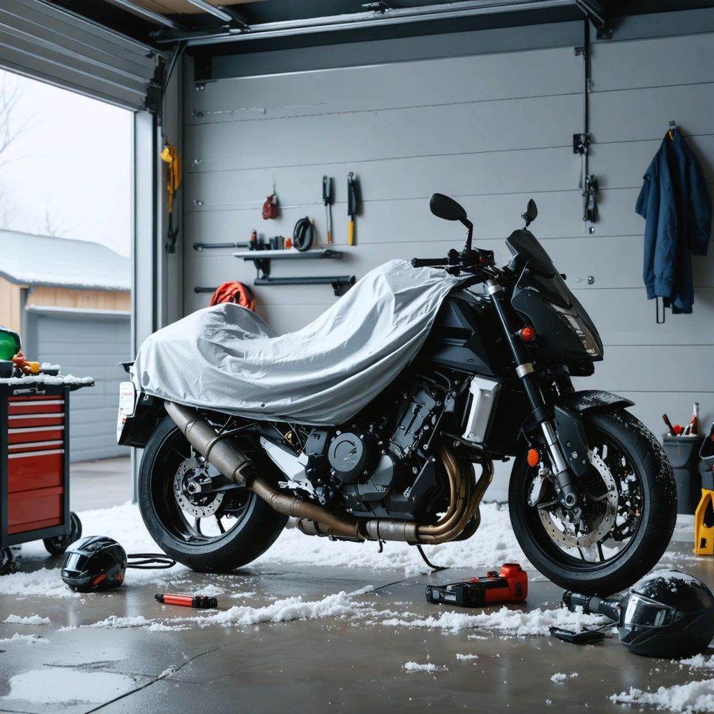 Moto entreposee pour l hiver dans un garage avec housse respirante et chargeur de batterie branche
