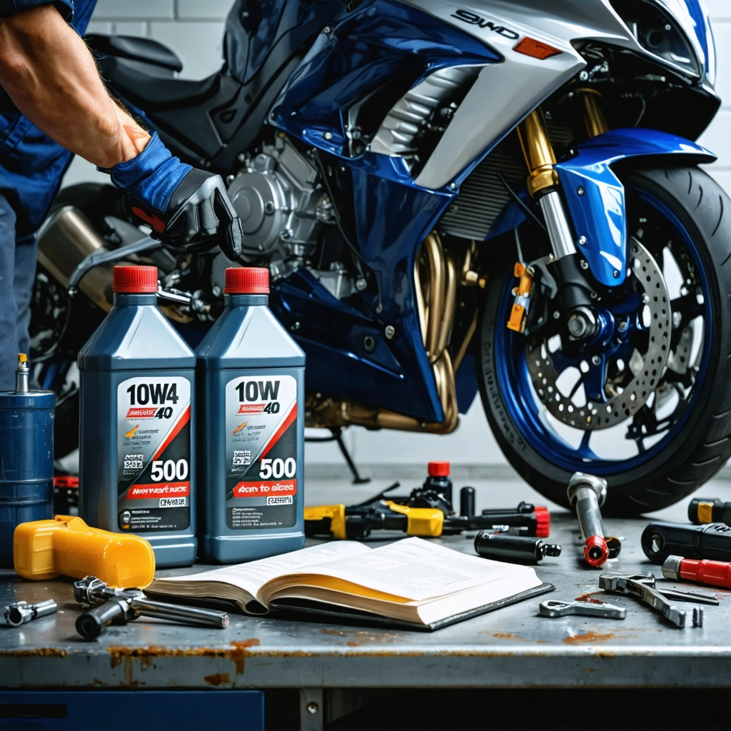 Un motard dans un garage vérifie l’huile moteur d’une moto 4 temps, avec des bidons d’huile et le manuel d’entretien posés sur un établi.