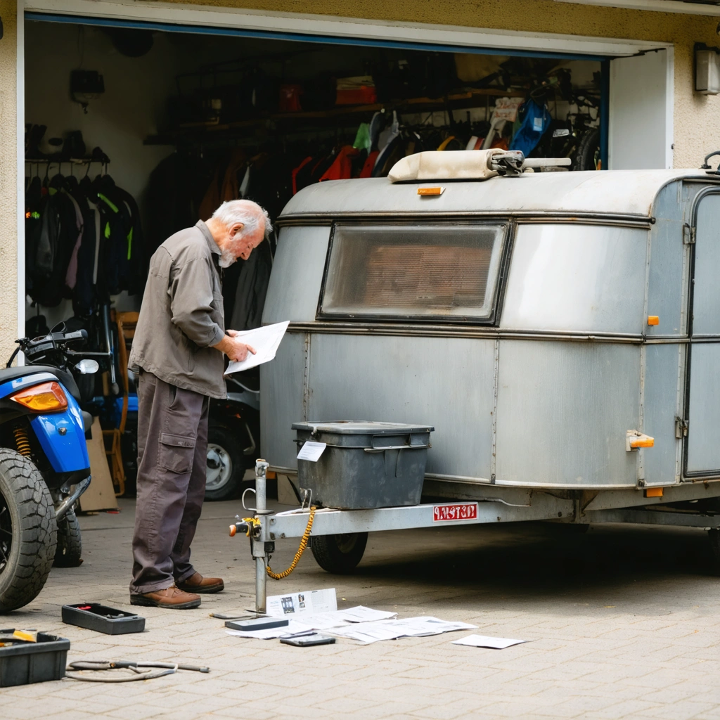 Un homme inspecte une vieille remorque sans documents devant un garage, avec des papiers administratifs et un vehicule tracteur a proximite.