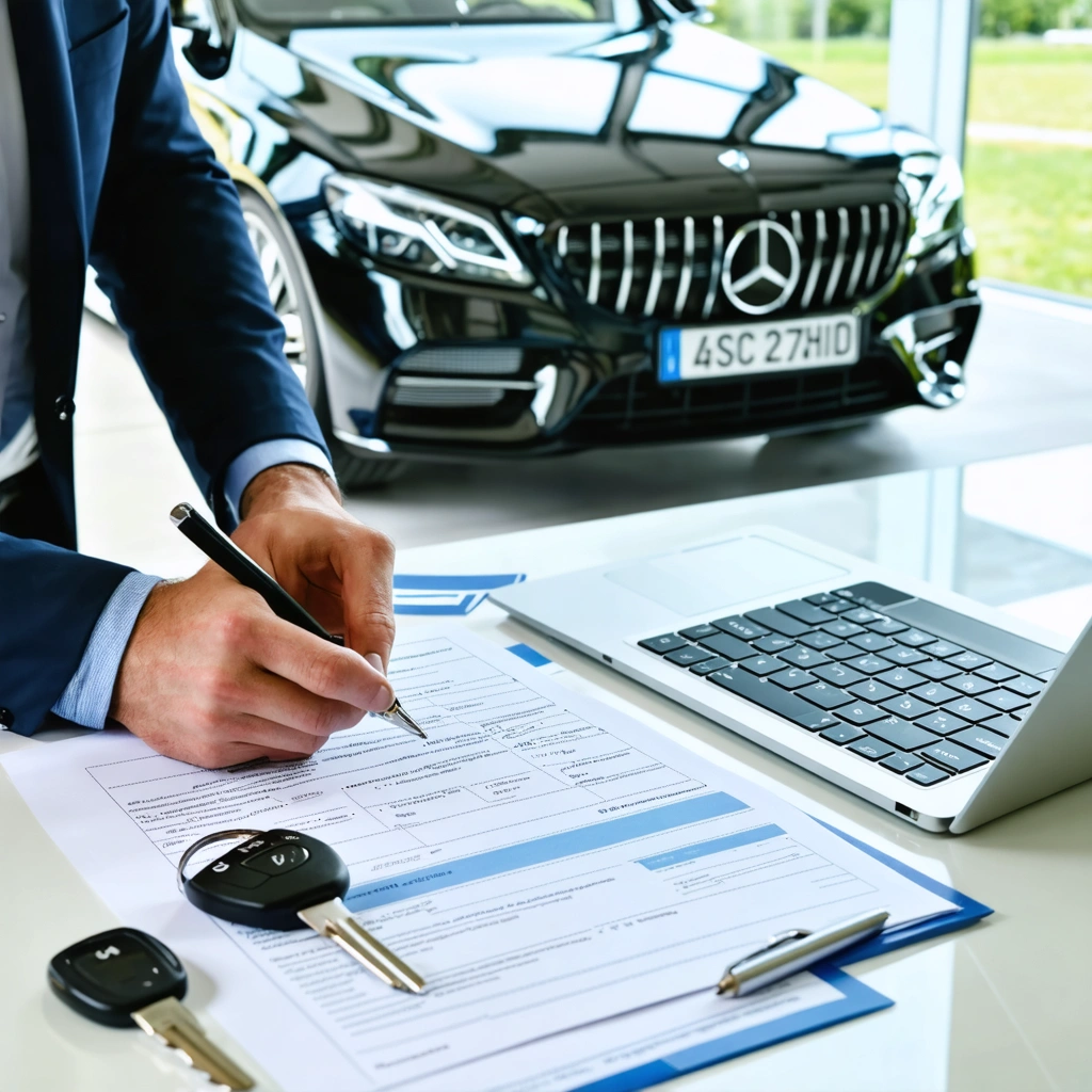 Un automobiliste prépare les documents d’immatriculation d’une voiture importée d’Allemagne, avec des papiers administratifs, un ordinateur portable et des plaques françaises près du véhicule.