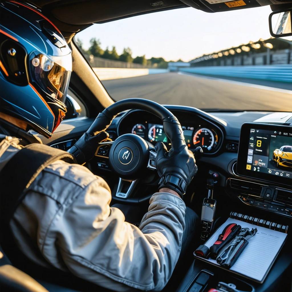 Un passionne d'automobile installe et verifie un laptimer embarque dans une voiture de circuit, avec l'ecran affichant des temps au tour dans un paddock.