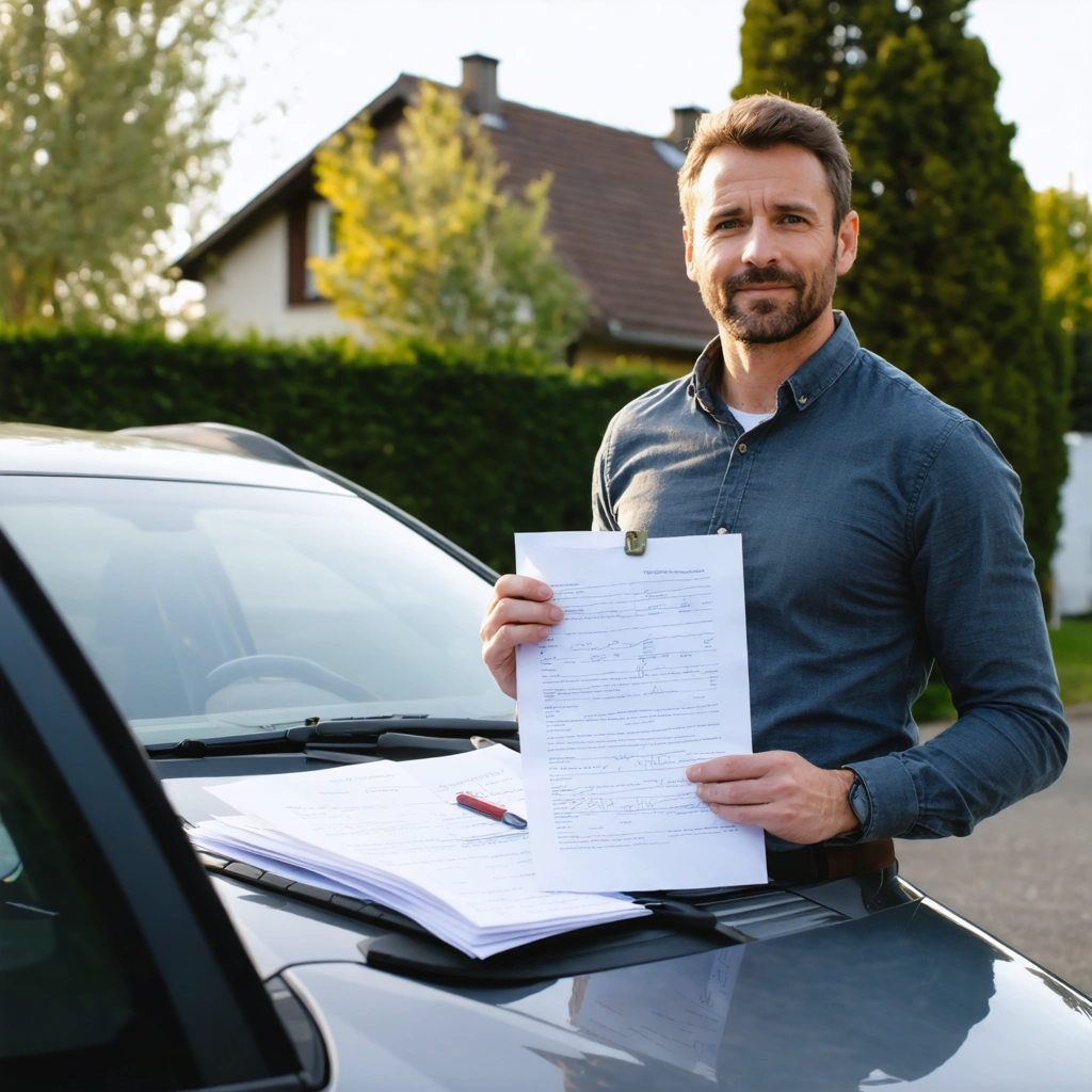 Un homme examine des documents administratifs devant une voiture d’occasion pour finaliser la levée d’un gage avant la vente.