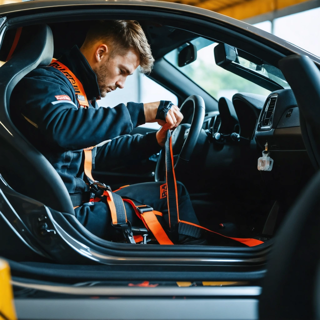 Installation d'un harnais de securite 4 points dans une voiture de piste avec siege baquet et sangles en cours de fixation