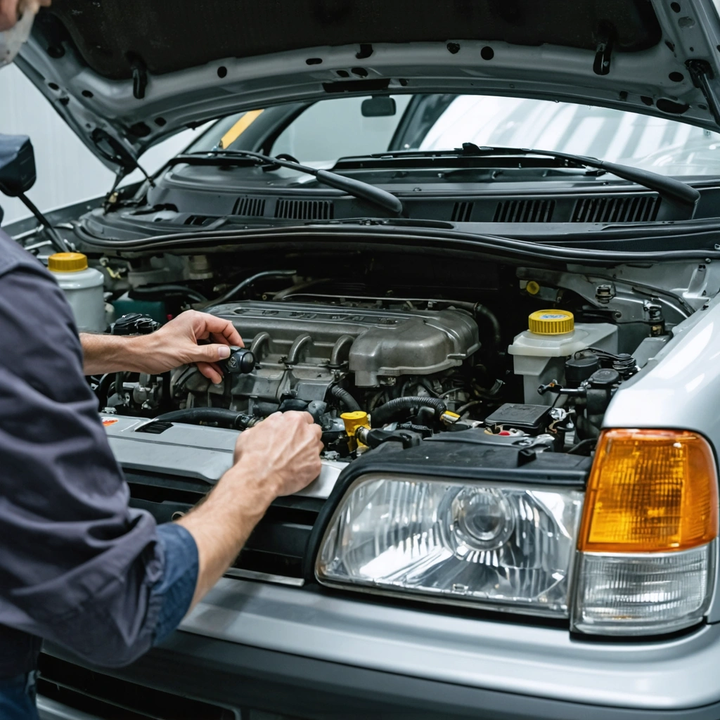 Mecanicien inspectant le moteur essence d une voiture d occasion dans un atelier, capot ouvert, avec attention portee a la distribution