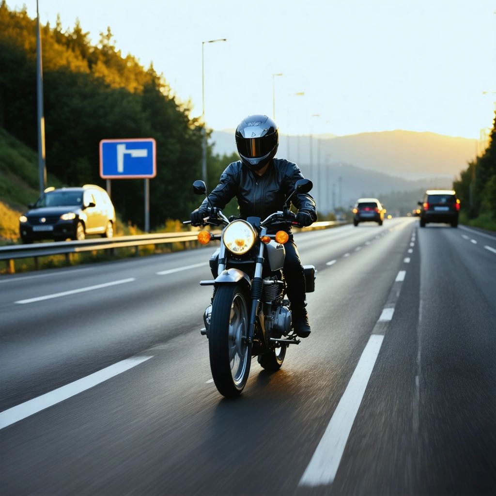 Une moto 125 cm3 roule sur l’autoroute avec un pilote équipé, dans un environnement réaliste de voie rapide française.