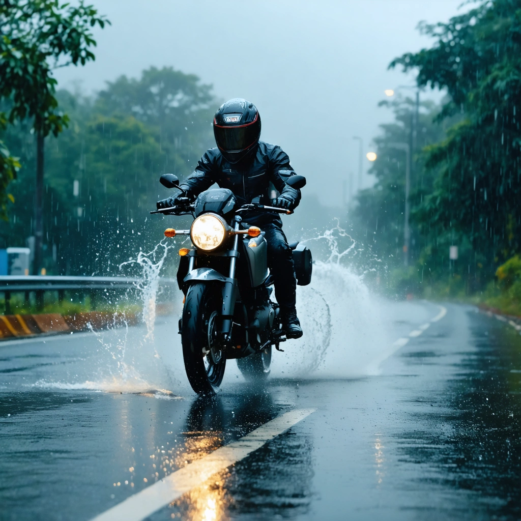 Motard équipé d'une tenue de pluie complète roulant prudemment sur une route mouillée, avec des gouttes sur la visière et des reflets sur l'asphalte