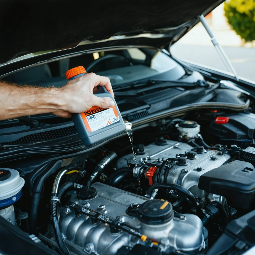 Un passionné d’automobile verse un additif dans le réservoir d’une voiture pour nettoyer la vanne EGR sans démontage, dans un garage domestique.