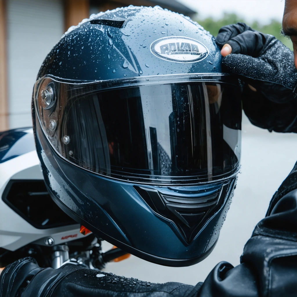 Un motard nettoie soigneusement la visiere de son casque avec un chiffon microfibre pour eviter les rayures.