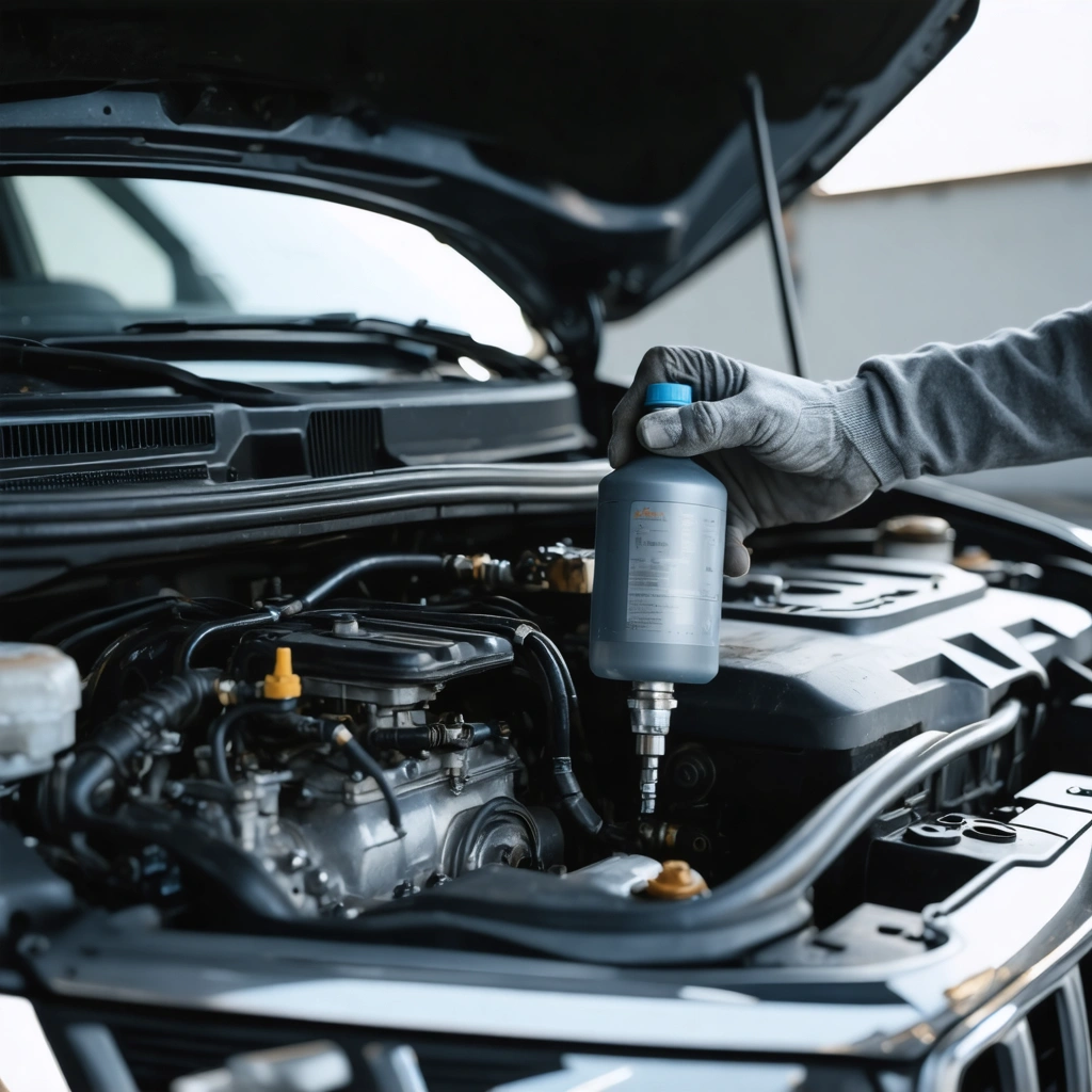 Un moteur diesel ouvert dans un atelier avec un produit nettoyant injecteur tenu près du compartiment moteur