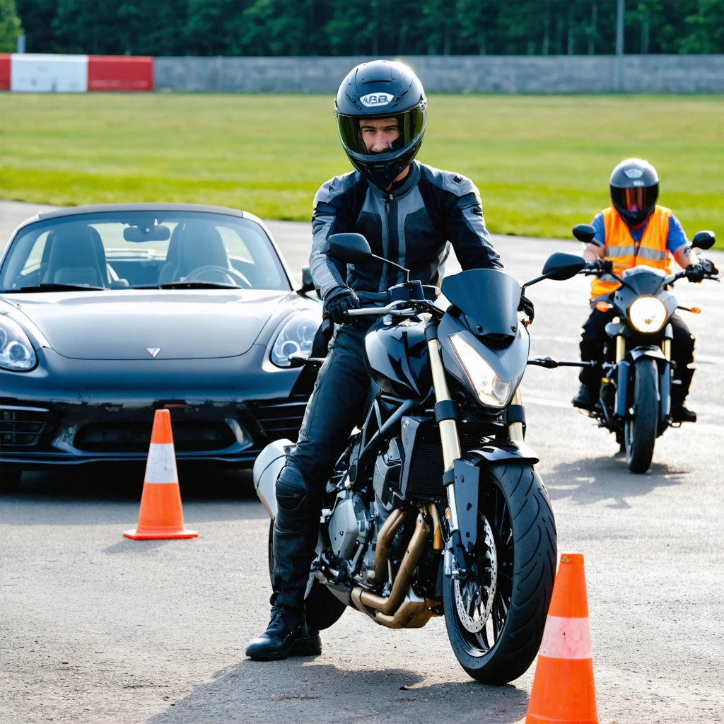 Motard en equipement complet lors d une formation passerelle du permis A2 vers le permis A avec une moto ecole et un instructeur sur une piste d apprentissage
