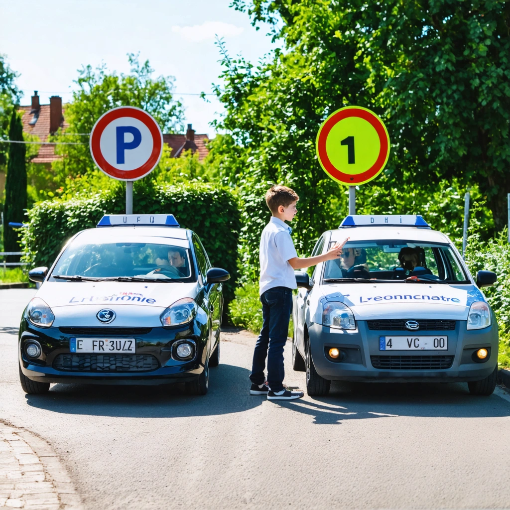Un moniteur d'auto-ecole presente a un eleve la difference entre une voiture a boite manuelle et une voiture a boite automatique devant deux vehicules d'apprentissage.