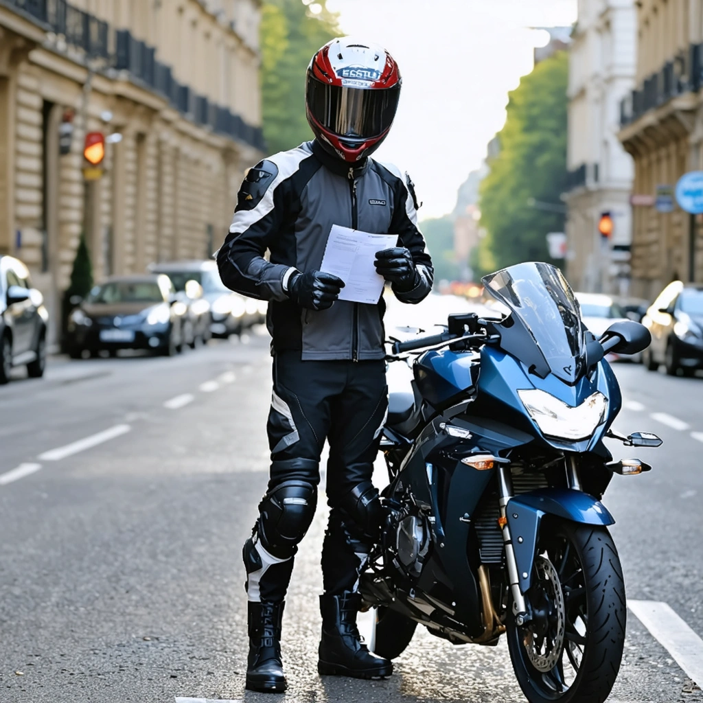 Un motard équipé à côté d'une moto 125 en ville, tenant son permis et un document de formation pour illustrer la conduite d'une 125 avec le permis B.