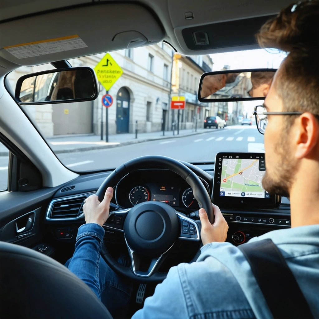 Un élève en auto-école apprend à conduire une voiture à boîte automatique avec un moniteur, dans un environnement urbain réaliste.