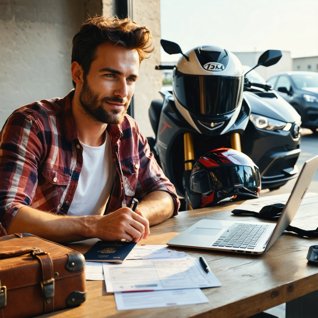 Un voyageur francais prepare ses documents de conduite pour l etranger avec son permis, un permis international, un passeport et des papiers de voyage sur une table.