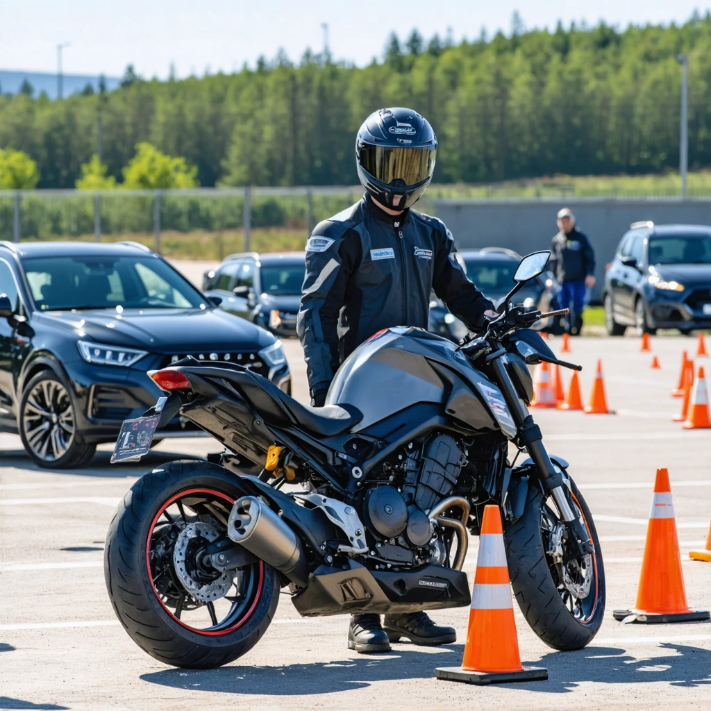 Un homme adulte équipé pour la moto se prépare à passer son permis sur une piste d’entraînement avec des plots, à côté d’une moto-école.