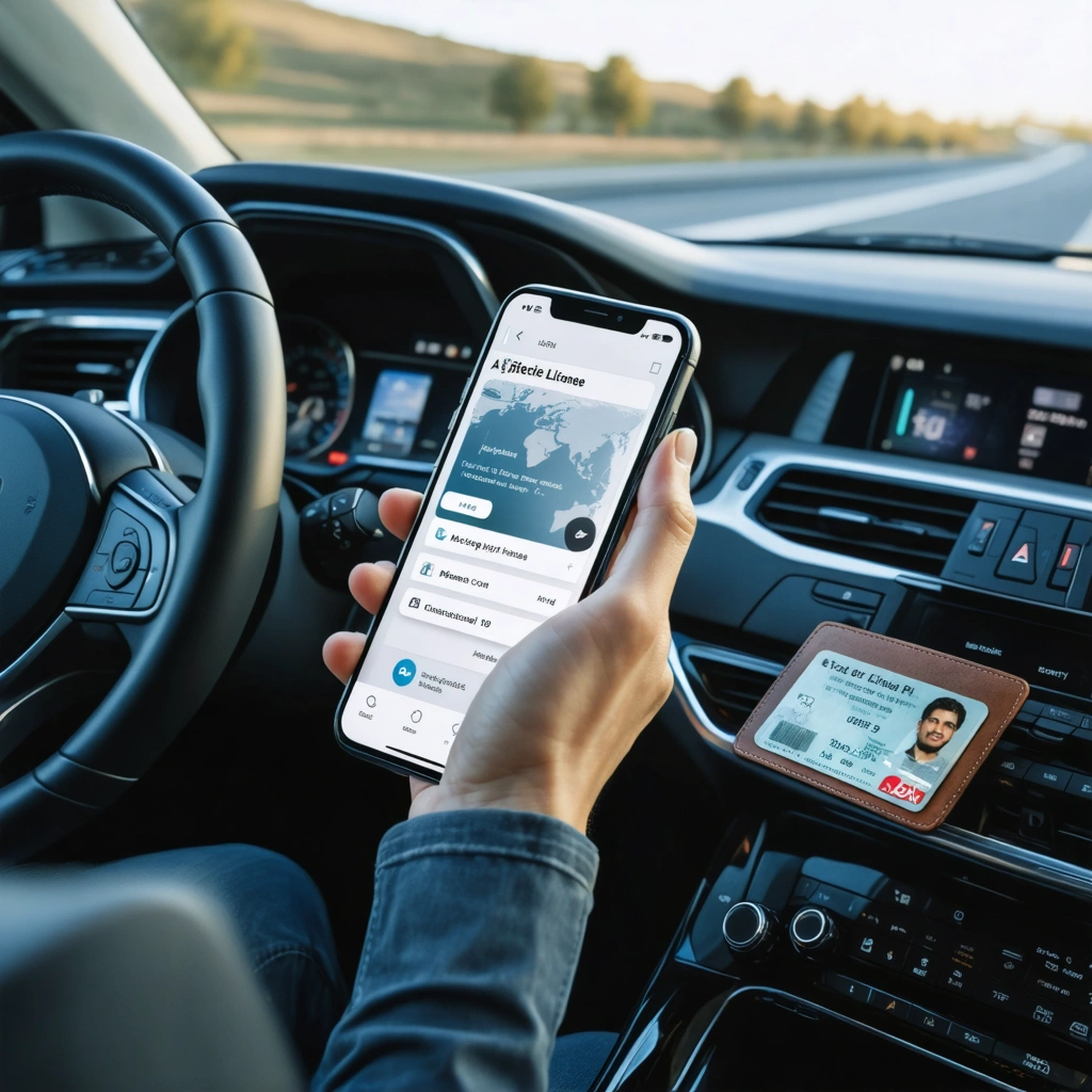 Main d'un conducteur tenant un smartphone affichant un permis de conduire numerique dans une voiture moderne, avec le tableau de bord et un portefeuille visibles
