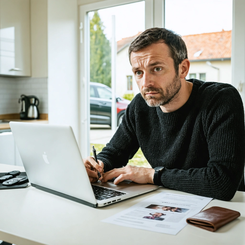Un homme prépare en ligne son dossier pour refaire un permis de conduire perdu, avec des documents administratifs, un ordinateur portable, des clés de voiture et un portefeuille sur la table.