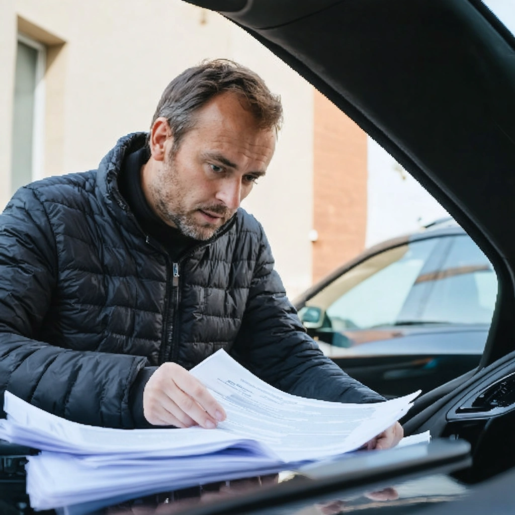 Conducteur cherchant sa carte grise perdue dans la boite a gants de sa voiture avec des papiers administratifs visibles