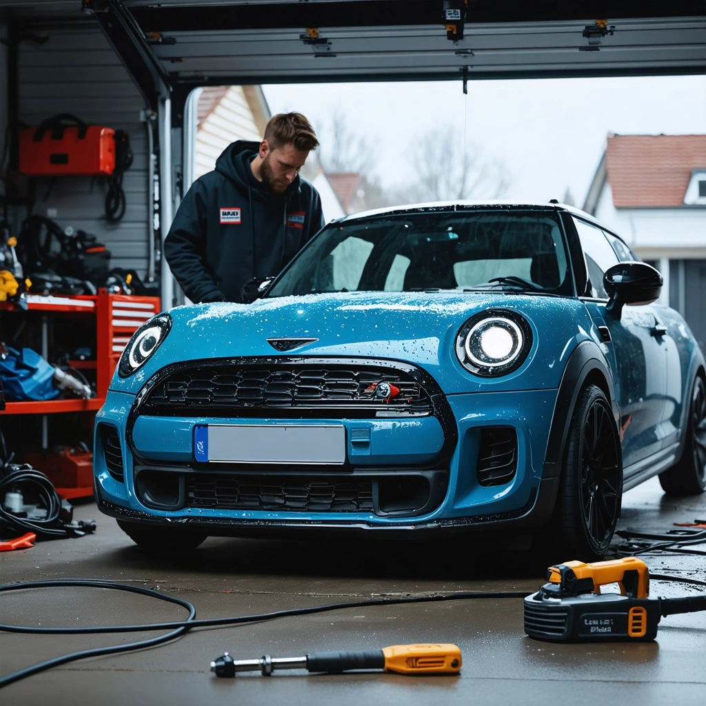 Un conducteur inspecte le moteur de sa voiture dans un garage après une perte de puissance à l’accélération.