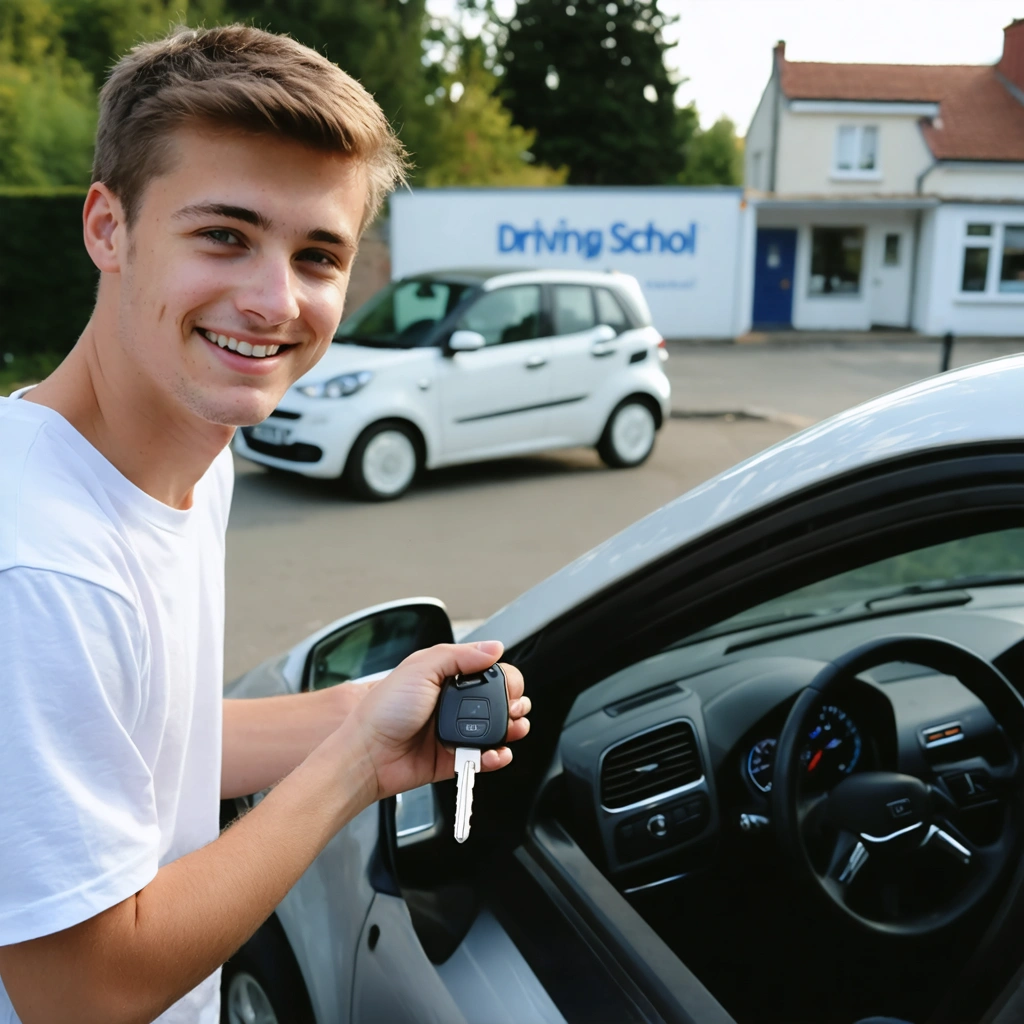 Jeune conducteur souriant devant une petite voiture d’occasion en ville, tenant des clés après un achat