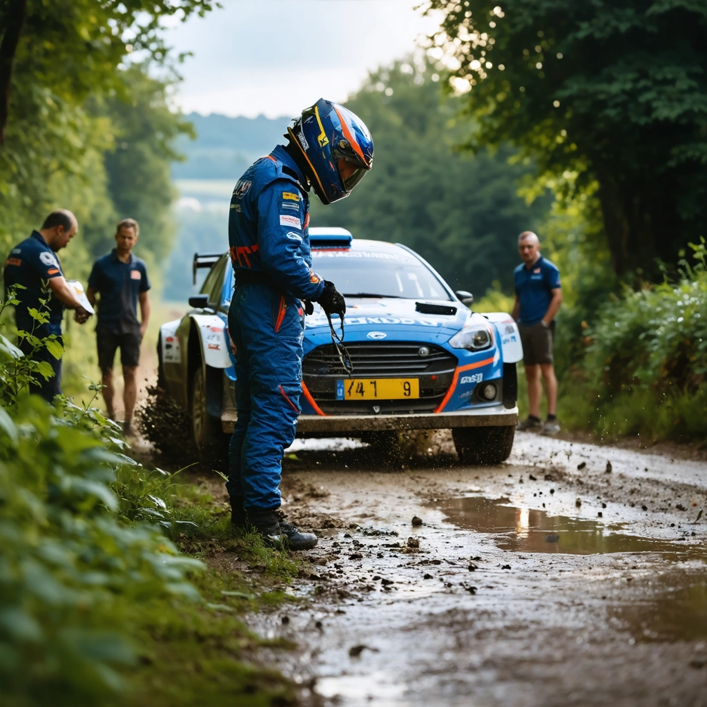 Un pilote de rallye amateur se prepare a cote de sa voiture avec son copilote et une equipe d assistance en arriere-plan sur une route de campagne.