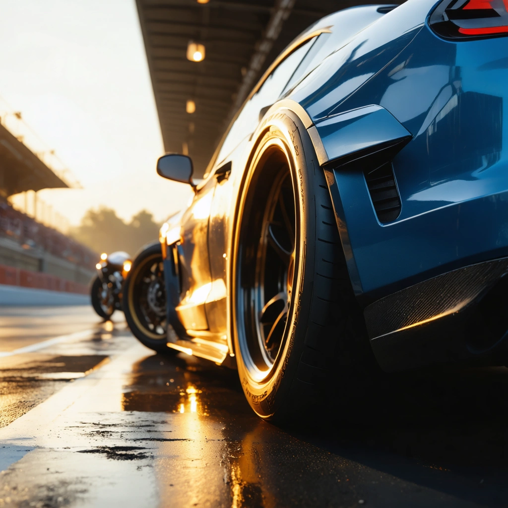 Deux pneus haute performance posés sur l’asphalte, un slick lisse et un semi-slick rainuré, avec une voiture sportive et une moto en arrière-plan sur un circuit.