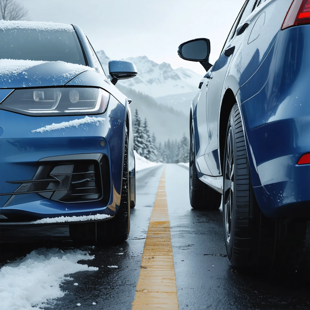 Comparaison réaliste entre des pneus quatre saisons et des pneus hiver montés sur une voiture sur une route froide avec un peu de neige
