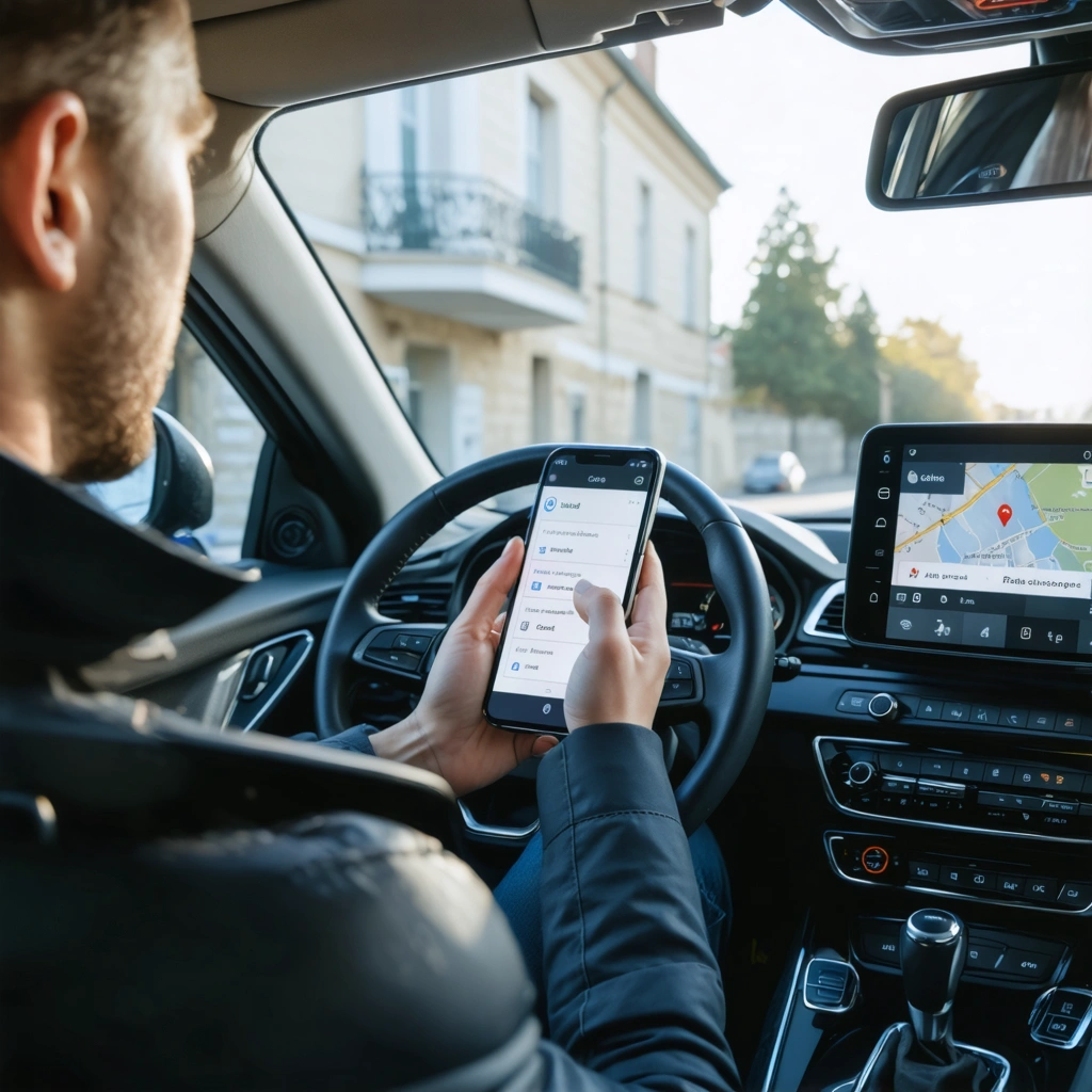 Conducteur dans une voiture consultant le solde de points de son permis sur son smartphone