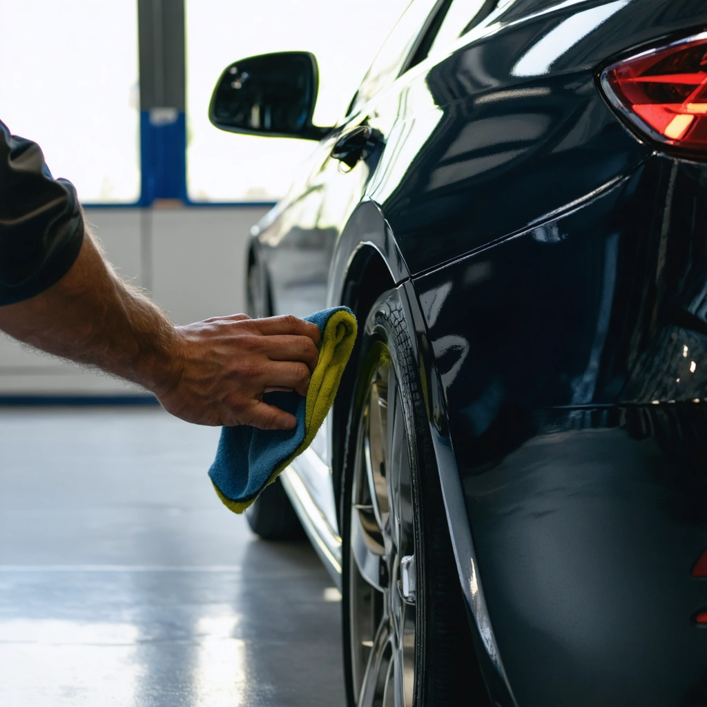 Un homme polit avec précaution une rayure sur la carrosserie sombre d'une voiture dans un garage, avec un chiffon microfibre et un produit de polissage.
