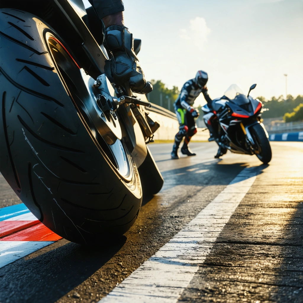 Contrôle précis de la pression des pneus d'une moto de piste dans un paddock, avec manomètre et moto sportive prête à rouler sur circuit.
