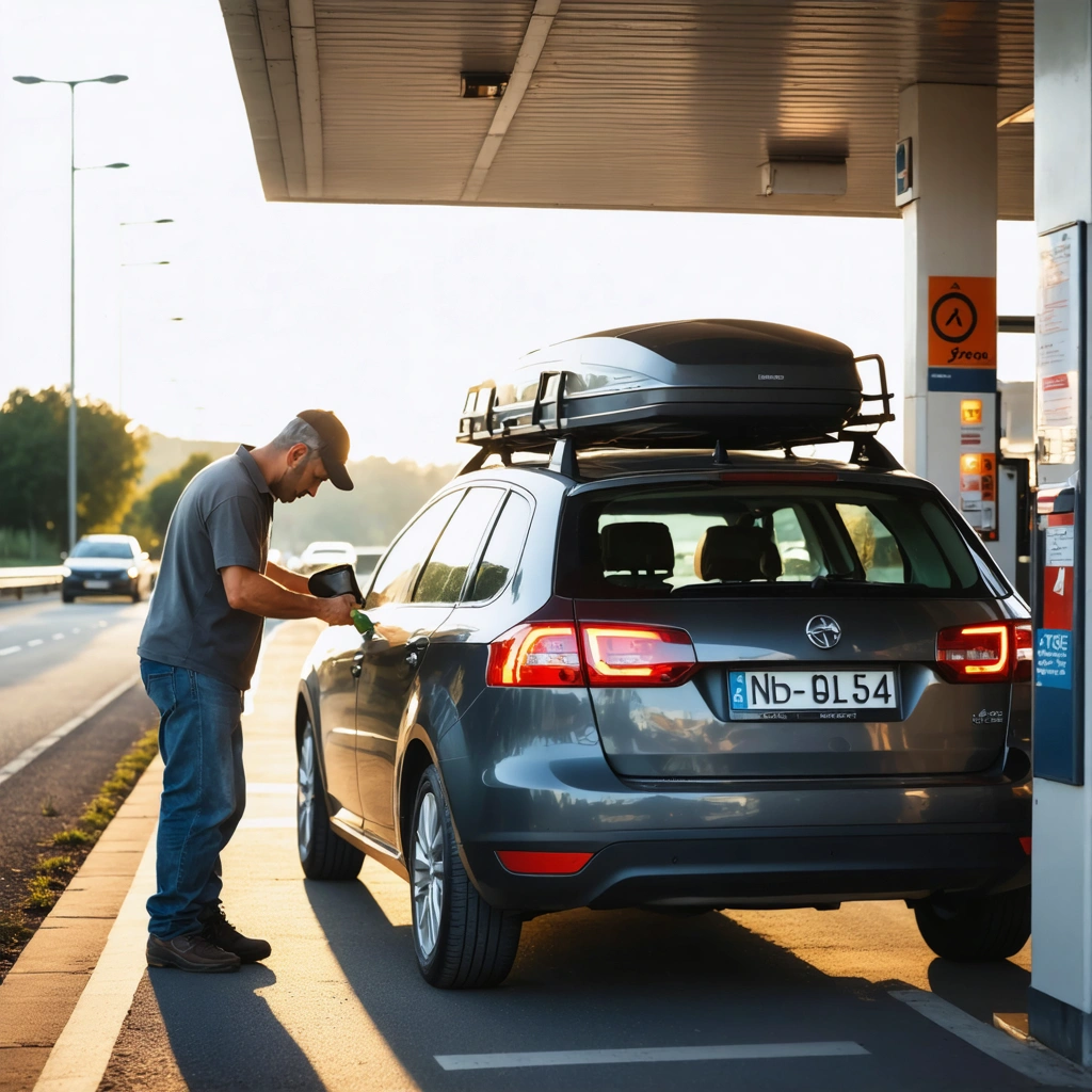 Un homme vérifie la pression des pneus d'une voiture familiale chargée avec des bagages avant un long trajet sur autoroute