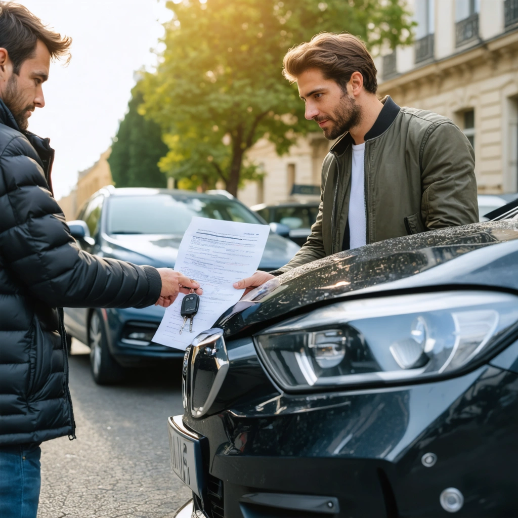 Un conducteur prête ses clés à un ami à côté d'une voiture légèrement accidentée pendant qu'ils vérifient des documents d'assurance