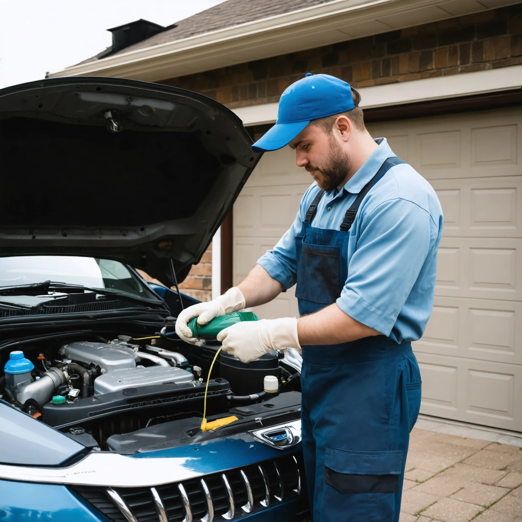 Un homme effectue lui-meme la purge du liquide de refroidissement d'une voiture capot ouvert avec un entonnoir et des outils dans une allee de garage.
