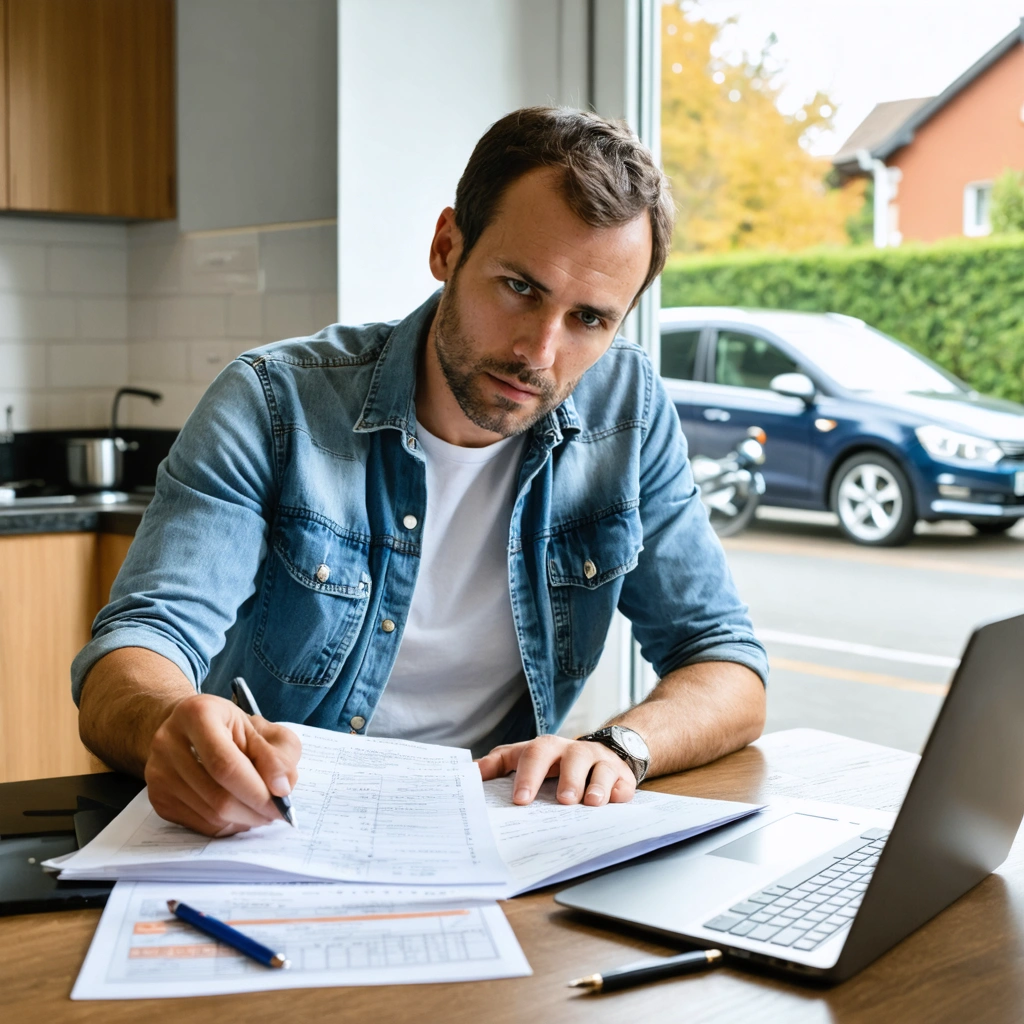 Un conducteur examine des documents administratifs liés à un retrait de points sur son permis, assis à une table avec un ordinateur, tandis qu’une voiture et une moto sont visibles à l’extérieur.