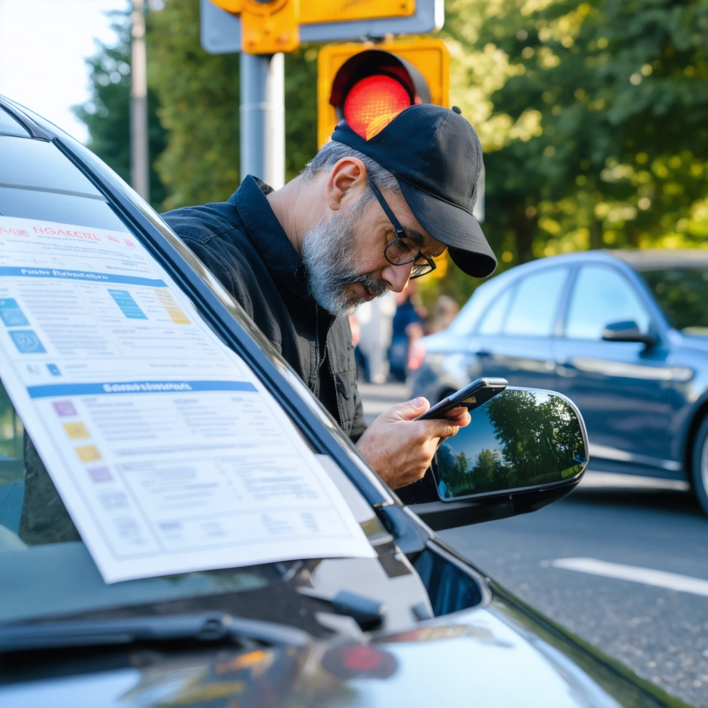 Un conducteur regarde le solde de ses points de permis sur son telephone a cote de sa voiture, avec un feu rouge en arriere-plan dans une rue urbaine.