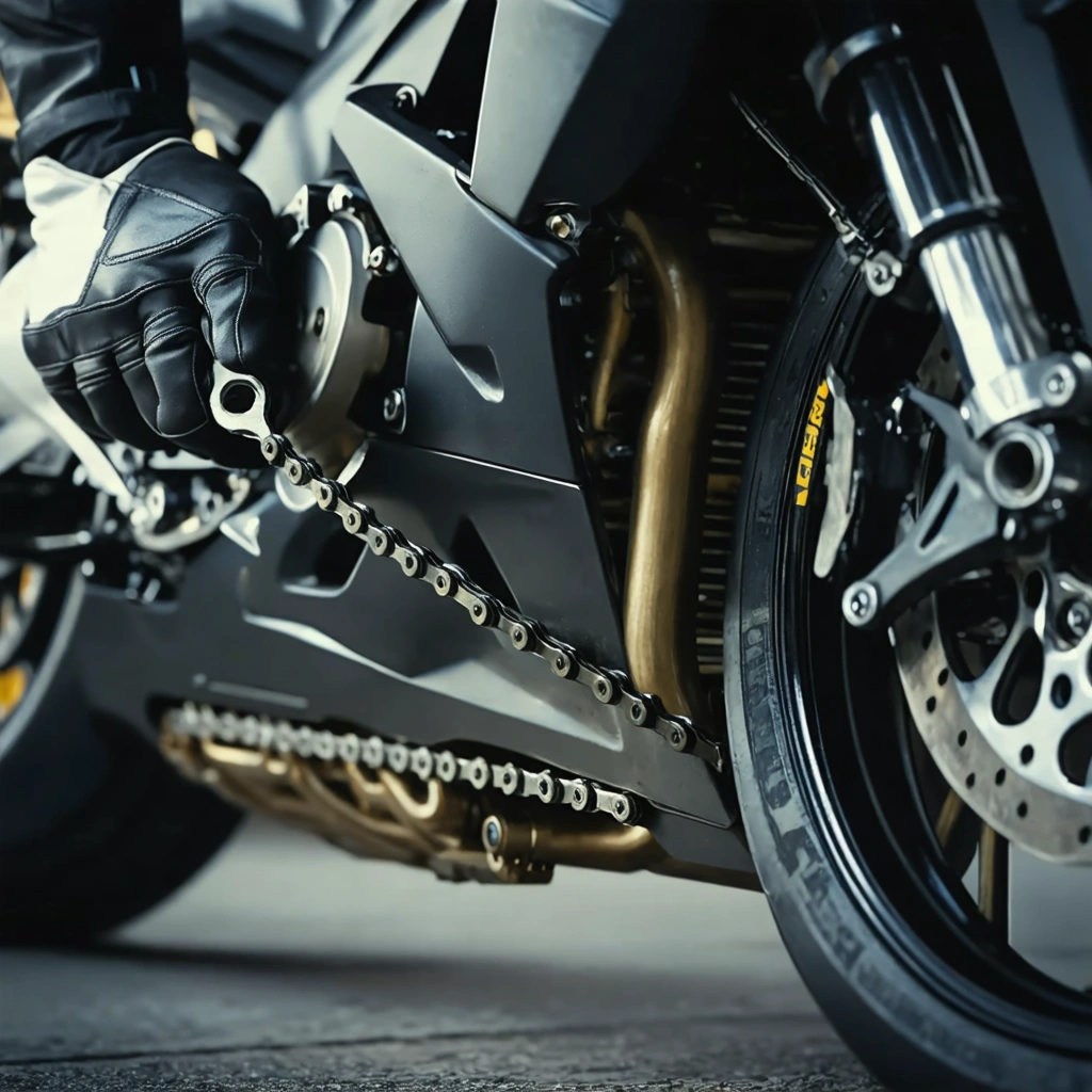Un passionne de moto regle la tension de la chaine sur la roue arriere d une moto dans un garage avec des outils