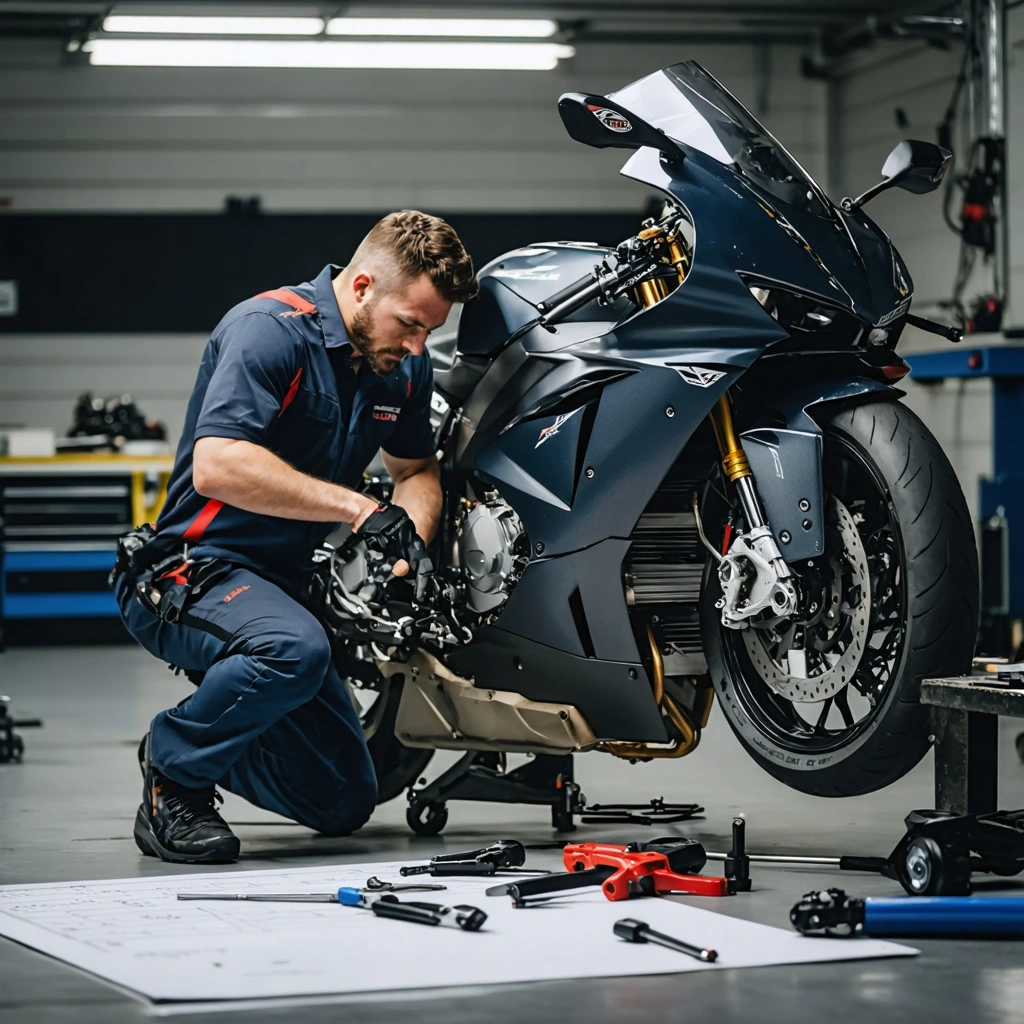 Un passionne regle la suspension d une voiture de piste et d une moto sportive dans un atelier avec outils, amortisseurs et pneus visibles.