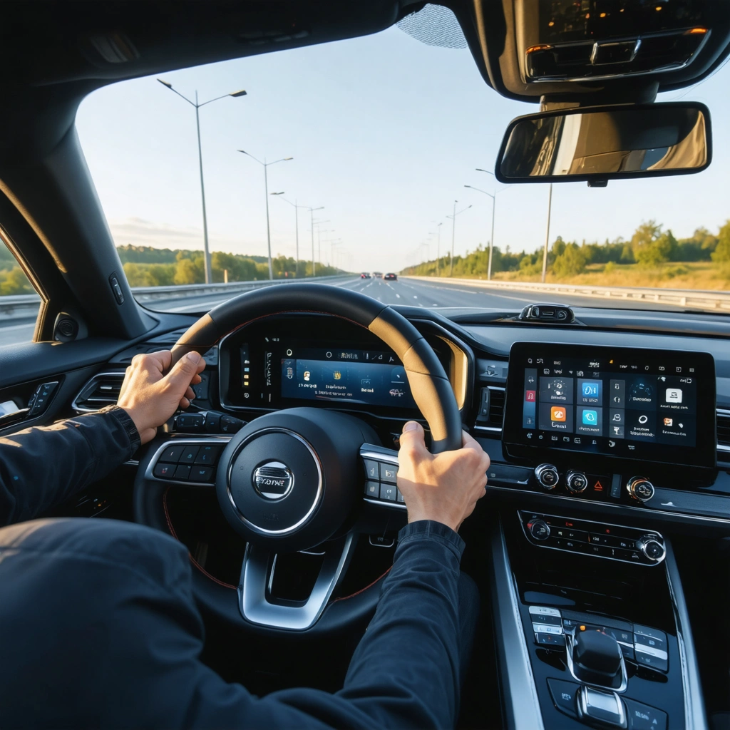 Vue réaliste de l’habitacle d’une voiture moderne sur autoroute avec le régulateur de vitesse adaptatif activé et une distance de sécurité visible avec le véhicule devant