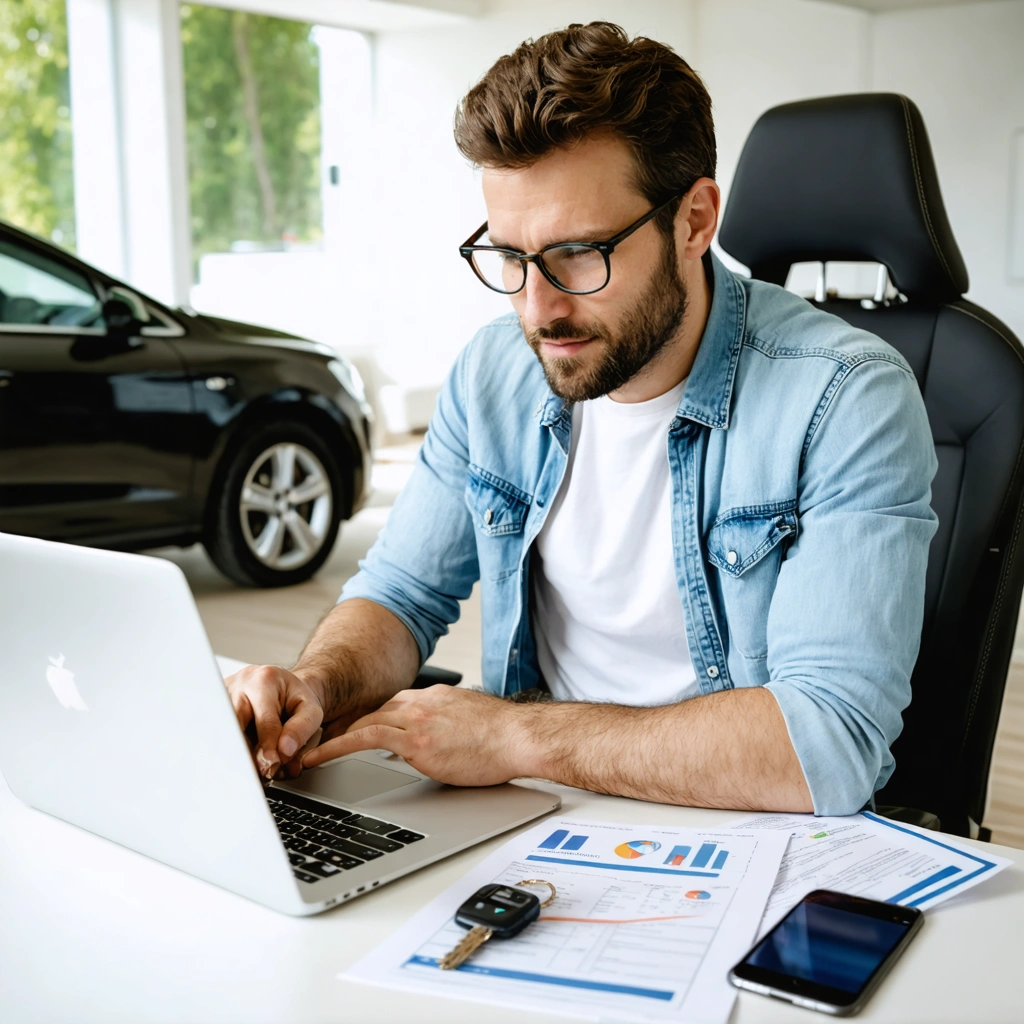 Un homme consulte sur son ordinateur et en version papier un releve d'information d'assurance auto, avec des cles de voiture et des documents de vehicule poses sur un bureau.