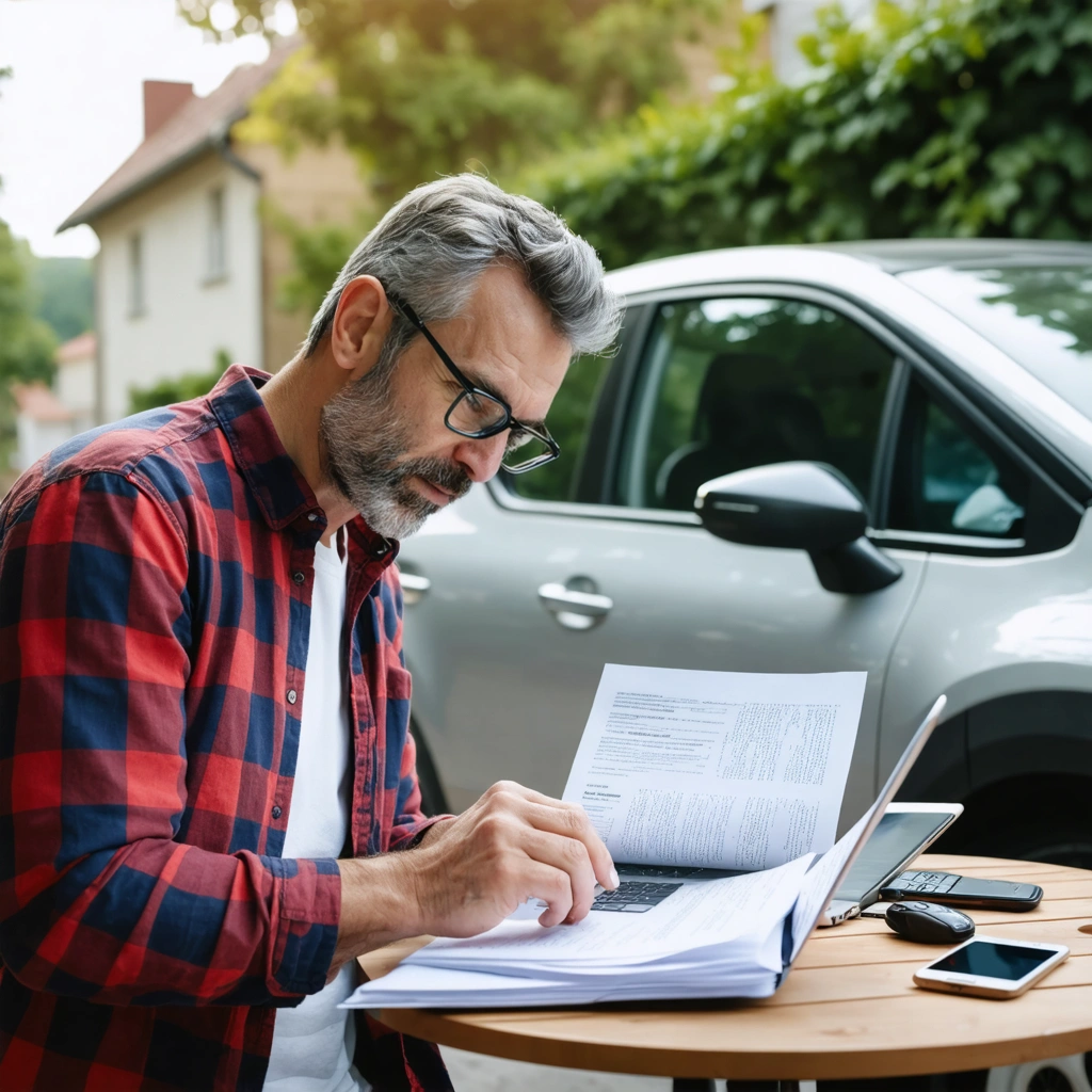 Un homme consulte des documents d'assurance auto et un ordinateur portable à côté de sa voiture garée dans une rue résidentielle, pour préparer une résiliation de contrat.