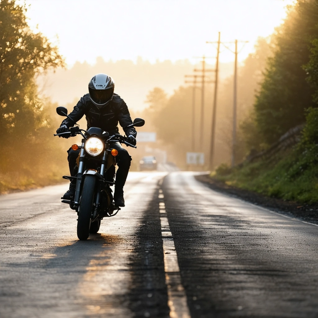 Un motard roule prudemment sur une route sèche avec des pneus moto neufs visibles en gros plan, lors des premiers kilomètres de rodage.