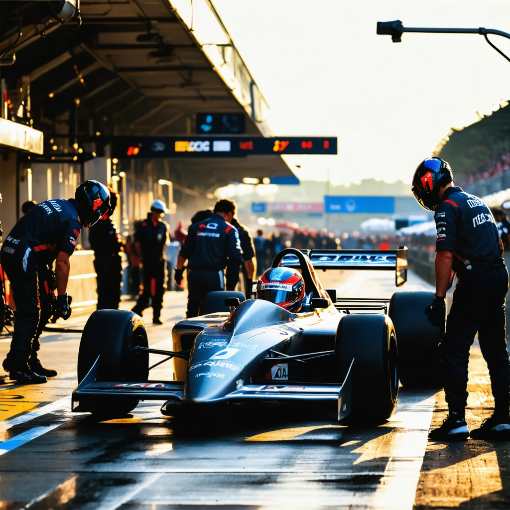 Un pilote s’apprête à monter dans une monoplace sur la voie des stands d’un circuit, encadré par une équipe de pilotage.